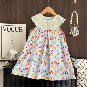 Bear Leader Kids Fashion Clothes Terno Girls Rainbow Print Princess Dress Summer Sleeveless Wrinkled Lapel Casual Dresses for Baby Clthing 3 to 7 Years Childrens Costumes
