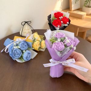 TEWUB Fake Flowers Crochet Flowers Knitted Flower Hand Woven Artifiical Folwer Bouquet  Ornament Romantic Woven Simulated Flower Valentines Day