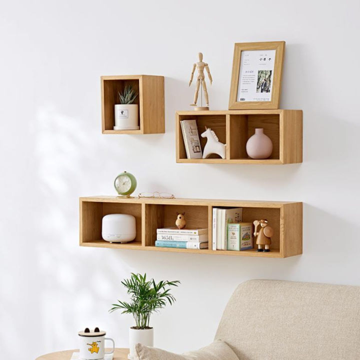 Solid Oak Wood Floating Shelves Wall Storage, Closed Square Bookcase