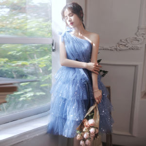 Fashion One-shoulder Evening Dress New Blue Bling Black Bow-knot Belt Short Vestidos Modern Elegant Suknia Wieczorowa Customized2026