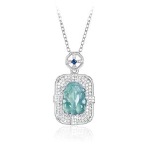 TIMESWIND Natural Jade Blue Small PIXIU Square Full Zircon Women S925 Necklace with Certificate
