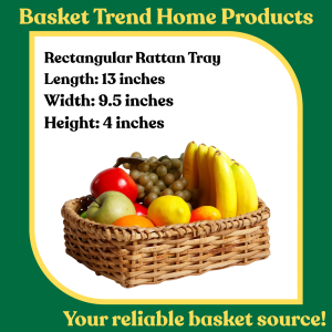 BASKET TREND Rectangular Rattan Tray with faux leather handles - gift food fruits Christmas holiday basket caddy wicker