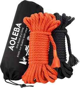 AOLEBA Skin Friendly 8mm Soft Silk Rope Rope for Knot Tying Practice Beginners Multiple Strands Braided Polypropylene Rope Set of Two 32 Ft Ropes with Storage Dust Bag (Black and Orange)