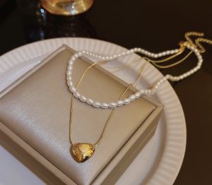 good 999 18K GOLD titanium steel Double layered Love Pearl Spicy Girl Necklace N8352