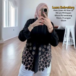 Laura Embroidery Kemeja Atasan Rayon Twill Blouse Wanita Bordir Bunga Korea LD 110 cm Lengan Panjang
