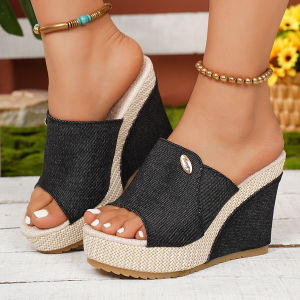Free Shipping 2026 Summer New Fashion Thick-Soled Ethnic-Style Sandals Plus-Size Fish-Mouth Wedge-Heeled Patterned Sandals