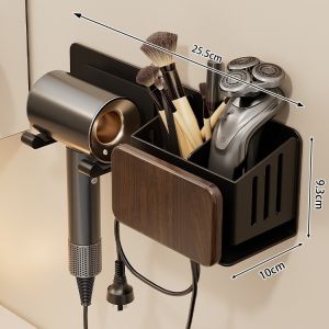 AE Walnut wood hair dryer holder no-drill bathroom washstand wall-mounted bracket makeup brush storage rack