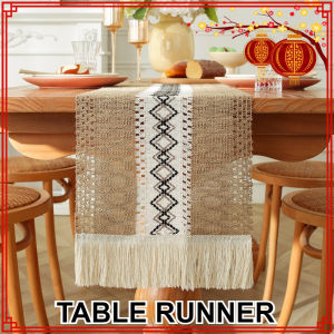 Linen Table Runner Woven Cotton Table Cloth Vintage Hollowed Out Table Flag With Tassels for Home Party Dining Decor