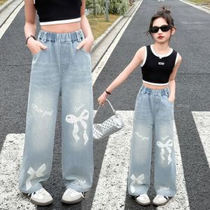 Jeans for Kids Girls Bow Decoration Girls Baggy Jeans Straight-leg Pants High Quality Denim Pants Loose Trousers 7-16yrs Girls Bottoms