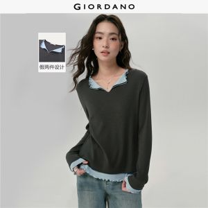 Giordano Women Fake 2-piece v-neck collar long sleeve knit tee Free Shipping 18325518