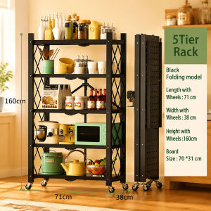 【SG Local Seller】5Layer Foldable Kitchen Storage Rack with Wheels Locking Pulley Organizer