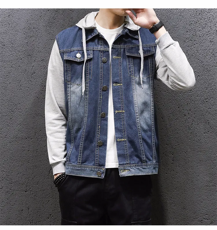 Denim Jacket Men Hooded Sportswear Outdoors Casual Fashion Jeans Jackets  Hoodies Cowboy Mens Jacket and Coat Plus Size M-5XL