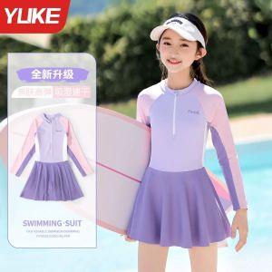 Đồ bơi một mảnh ngắn tay kiểu váy màu hồng cho bé gái phối họa tiết dễ thương