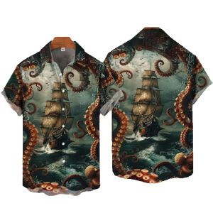 ZEEMIN Vintage Mens Shirt Octopus Graphic Print Shirt For Men Casual Short Sleeve Top Hawaiian Shirts Men Lapel Oversized Men Clothing