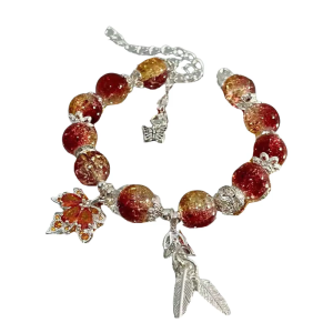 Elegant Maple Leaf Bracelet with Feather Pendant for Women Unique Butterfly Charm Beaded Wristchain Accessory