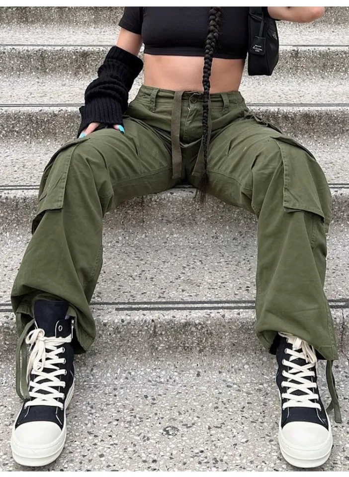 2023new Army Green Cargo Pants Baggy Jeans Women Fashion Streetwear Pockets  Straight High Waist Casual Vintage Denim Trousers Overalls