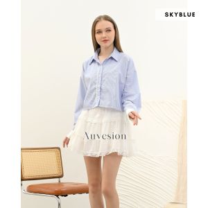 4920 Marsha Long Sleeves Stripes Crop Shirt Kemeja Wanita Garis