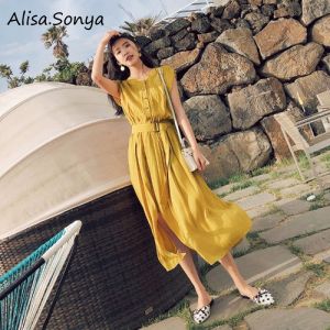 (COD)Alisa.Sonya Đầm midi lúc lắc cho phụ nữ Hồi giáo áo ngắn tay đầm voan eo co dãn không tay có nút cài và dây buộc phong cách thường ngày mùa hè bèo nhún.