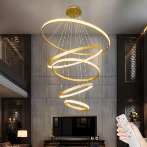 Lampu Hias Gantung 5RING(100+80+60+40+20cm) Mewah Ruang Tamu Ruang Vila Hotel Pernikahan Pendant Light LED 3 warna Modern Gold Minimalis Remote Control YUR