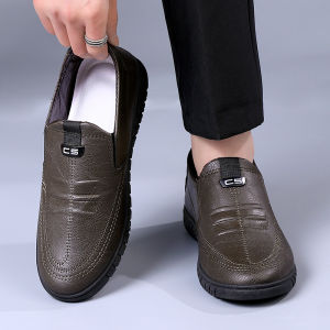 Mens new lightweight slip-on genuine leather casual business shoes non-slip sole driving shoes