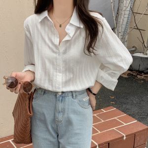 Women Korean France Striped Shirt Long Sleeves Polo Collar Shirts Tops