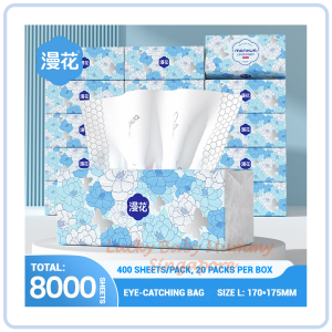 【Pure Care】 【20 Packs/Box】 ManHua Camellia Drawing Tissue | 5-Ply 400 Sheets| Virgin Wood Pulp