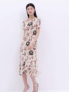 Miyake 2025 Spring Summer New Fashion Elegant Pleated Elastic Tassel Hem Floral Print Pullover Elegant Slim Fit Plus Size Oversize Short Sleeve Round Neck Dress for Women