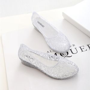 [Free Shipping] Korean jelly shoes with soft soles wedge heels transparent sandals for women crystal shoes plastic hollow birds nest waterproof beach shoes single shoes