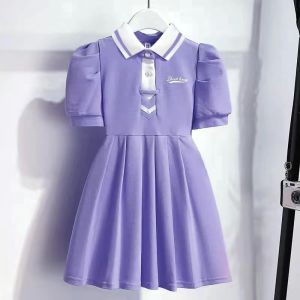 Girls dress summer 2024 new girls bubble sleeves college style polo dress childrens Korean version dress