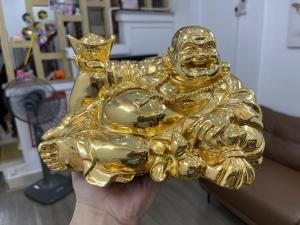 Tượng di lặc bằng đồng mạ vàng 24K để oto cực đẹp 2 cỡ:To:RxC:25x12cm bé:RxC:13x8cm