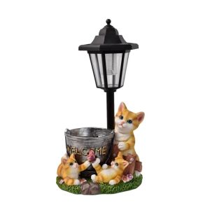 SWEET Hand-Painted Resin Solar Cat Statue Solid Material Dual-Use Flowerpot Outdoor Figurine Light Vivid Style Weather Resistant Solar Landscape Decor Light Porch Decor