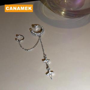 【CANAMEK】 Shiny Crystal Star Tassel Ear Clip Earrings For Women Rhinestone Non- Cuff Ear Clip Earrings Cartilage Jewelry