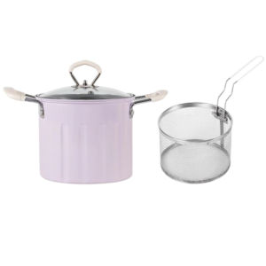 [SG Stock]Multi-Stove Deep Fryer Pot - Cream/Yellow/Lilac Compact 16cm Carbon Steel Fryer with Viewing Lid & Detachable Strainer Basket