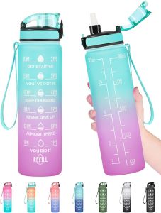 32 OZ 1000ML Water Bottle Leakproof BPA & Toxic Free Motivational Water Bottle with Times to Drink and Straw Fitness Sports Water Bottle with Strap for Office Gym Outdoor Sports