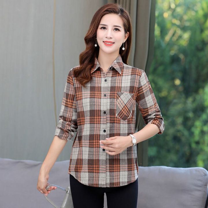 Blouses for Women Cotton Tops Womens Button-down Plaid Shirt
