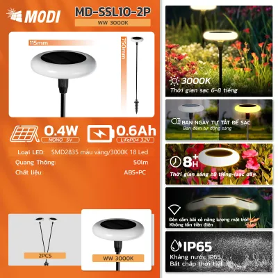 COMBO 2 Đèn Cắm Cỏ Sân Vườn Năng Lượng Mặt Trời MODI SOLAR Chống Nước IP65 Ánh Sáng Vàng Ấm Áp