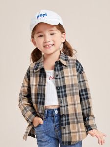 Kemeja Flanel Anak anak Perempuan Lengan Panjang / Atasan Flanel Kotak-kotak untuk Anak Perempuan