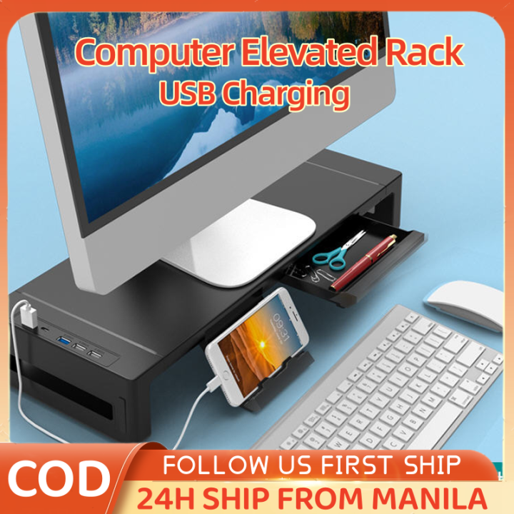 Computer Monitor Stand Elevated Rack With USB Charging Desktop Storage ...