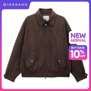 GIORDANO Women Jackets Sand Faux Suede Relaxed Jackets Turndown Collar Zip Front Fashionable Casual Jackets 18376615