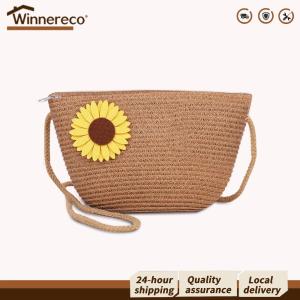 【Winnereco】 กระเป๋าสะพายไหล่ผู้หญิงดีไซน์หวายสานลายดอกไม้พร้อมซิป เหมาะสำหรับทริปทะเลและการแต่งตัวสไตล์ชิวๆ