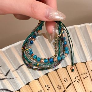JIMEIXIAN01 Blue Colorful Beaded Bracelet Bohemian Stretchy Beaded Bangles  Stacked Wrap Charm Hand Chain Gifts