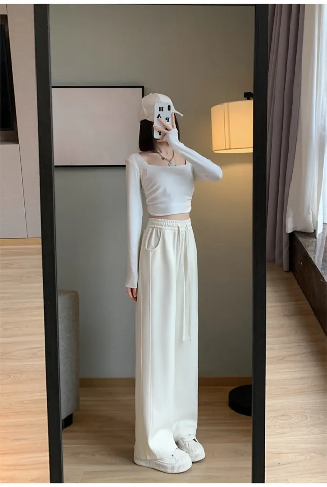 wide leg pants high waist pants for women aesthetic White