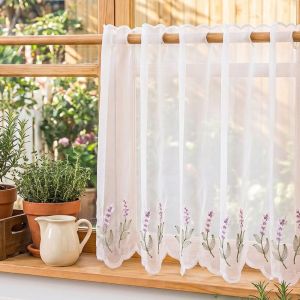 PHANT Lavender Pattern Floral Pattern Lace Curtains Dust-Proof Embroidered Floral Cafe Curtain Window Decor Cottage Style Short Curtains Kitchen