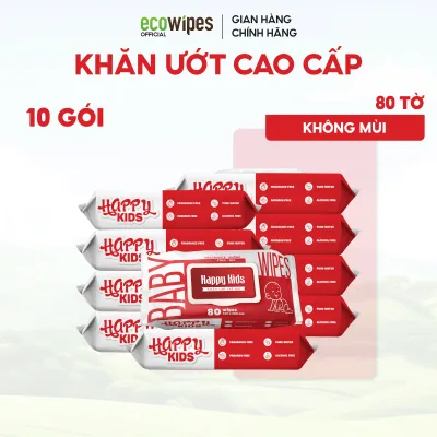 Thùng 10 gói khăn ướt trẻ em Happy Kids Đỏ Premium gói 80 tờ không mùi siêu tiết kiệm cho bé