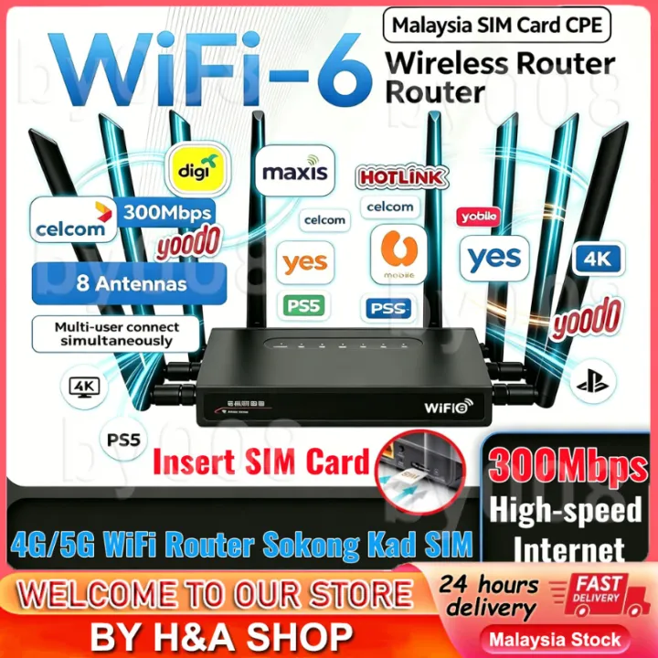 4G/5G Wireless Router WiFi6 Modem Malaysia SIM Card Unlimited Data 8 Antennas Strong Receiver Bypass Hotspot Limit Whole-House Coverage WiFi