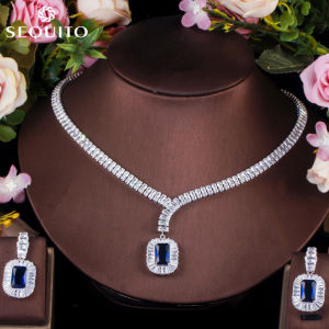 SEQUITO Classic Cubic Zircon Square Charm Choker Necklace Earrings for Bridal High Quality White Gold Plated Jewelry Set SJ178