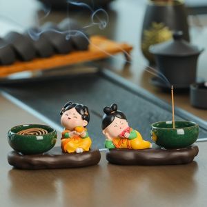 FOUNDTWO Tang Dynasty Lady Cartoon Girl Incense Burner Creative Traditional Ceramic Incense Stick Holder Easy To Clean Chinese Style Tea Table Oraments Housewarming Gift