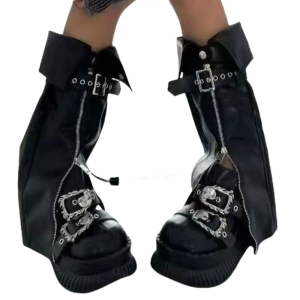 Rock Punk Zippers Buckles Long Leg Socks Gothic Leather Leg Warmers Harajuku Knee High Leg Sleeve Boot Socks for Womens