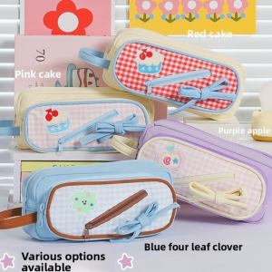 VB45D Fruit Cherry Cake Print Korean Bow Stationery Bag Handheld Embroidery Pencil Pouch Ins Style Fashion Storage Pen Bag Stationery Holder