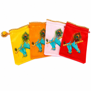 Krishna Yashoda Print Silk Potli Gift Bag with Drawstring Closure | Reusable Pooja Return Gift Pouch for Festivals Weddings & Favors (Pack of 1 Pc)